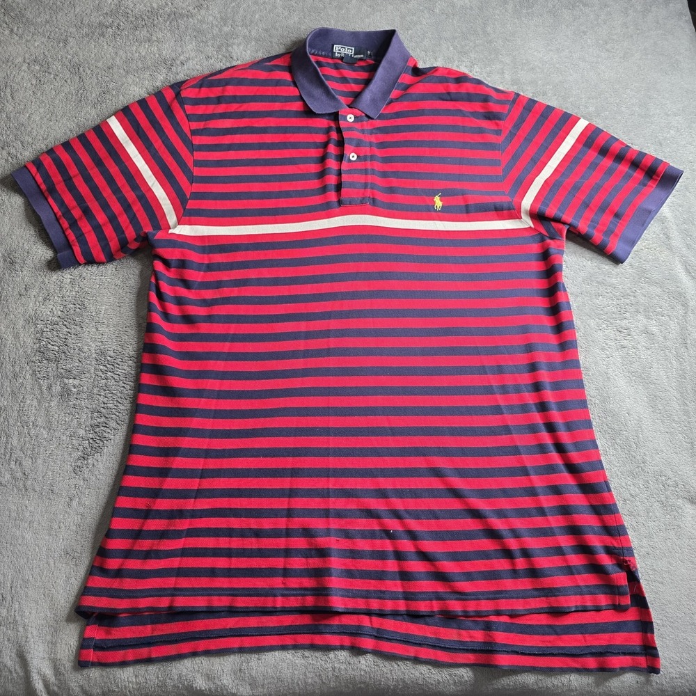 VTG Polo Ralph Lauren Polo Shirt Men XLT Red White Blue Stripes SS Polo Pony